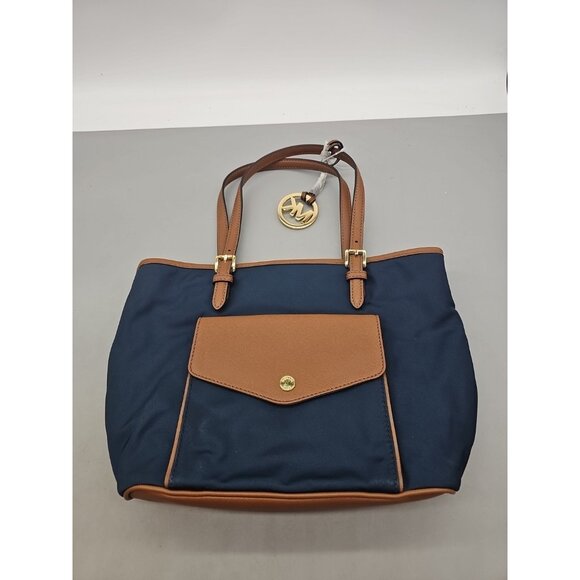 New MICHAEL KORS Jet Set Nylon Navy Blue Tote Bag Purse Leather Gold MK Logo - Picture 1 of 8